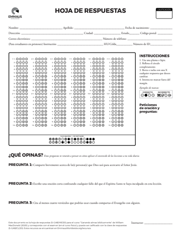 El Evangelio de Marcos - Printed Answer Sheet